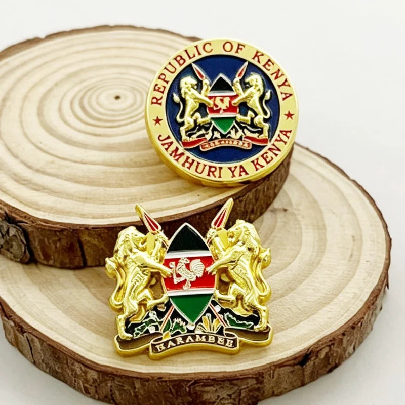 High Quality Metal 3D Die Casting Gold Enamel Kenyan Flag Lapel Pin Brooch Soft Enamel Embossed Badge Emblem Kenyan Coat of Arms