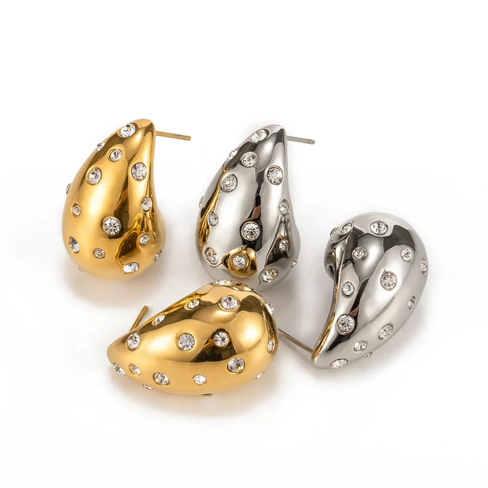 BJG0276E 2023 New Arrival Design Pearl Stainless Steel Water Drop Shaped Earrings Hammered Hollow Teardrop 18K Gold Earrings
