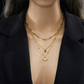 New Trendy 18k Gold Plated Non Tarnish Stainless Steel Multi Layered Green Zircon Fan Shape Pendant Necklace Women