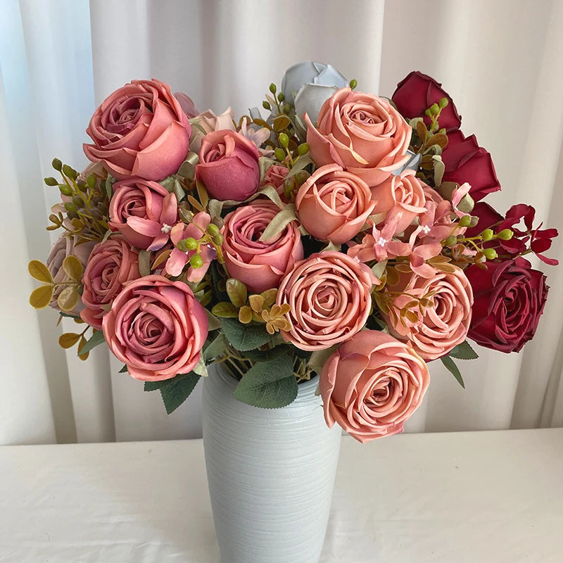China Manufacture Silk 11 Head Curly Edge Rose Flower Decoration for Christmas Graduation Valentine's Day Mother's Day Mariage
