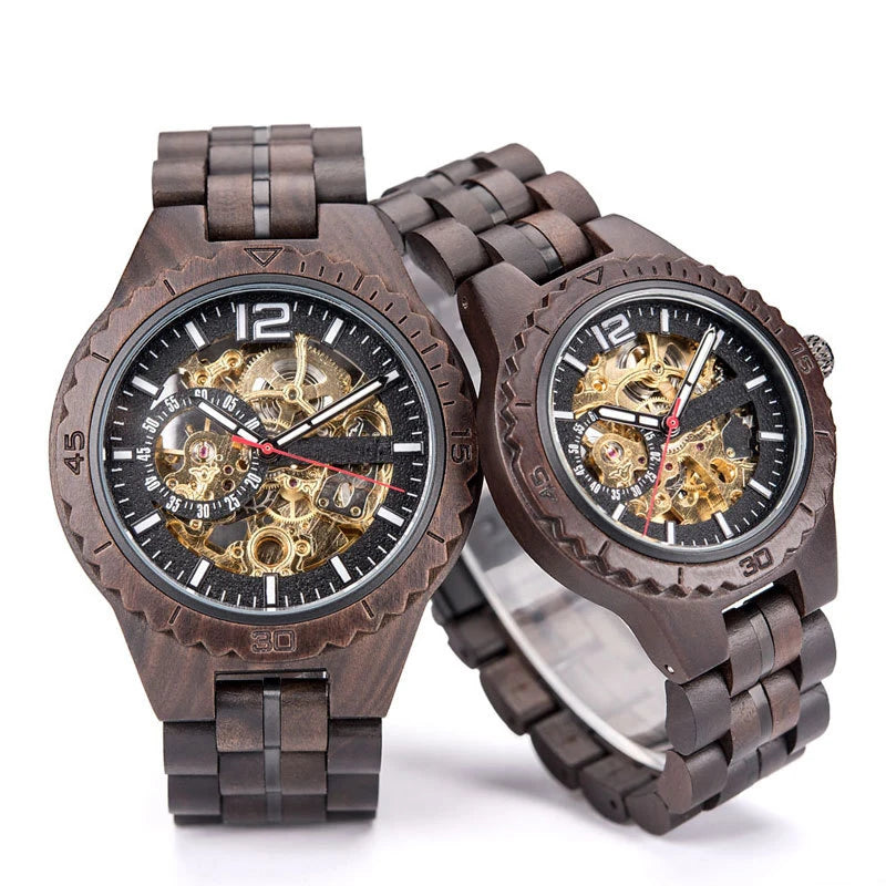 Lover's Stainless Steel & Wooden Bamboo Lightweight Mechanical Watch for Men Women with Luminous Retro Hollow-out Design
