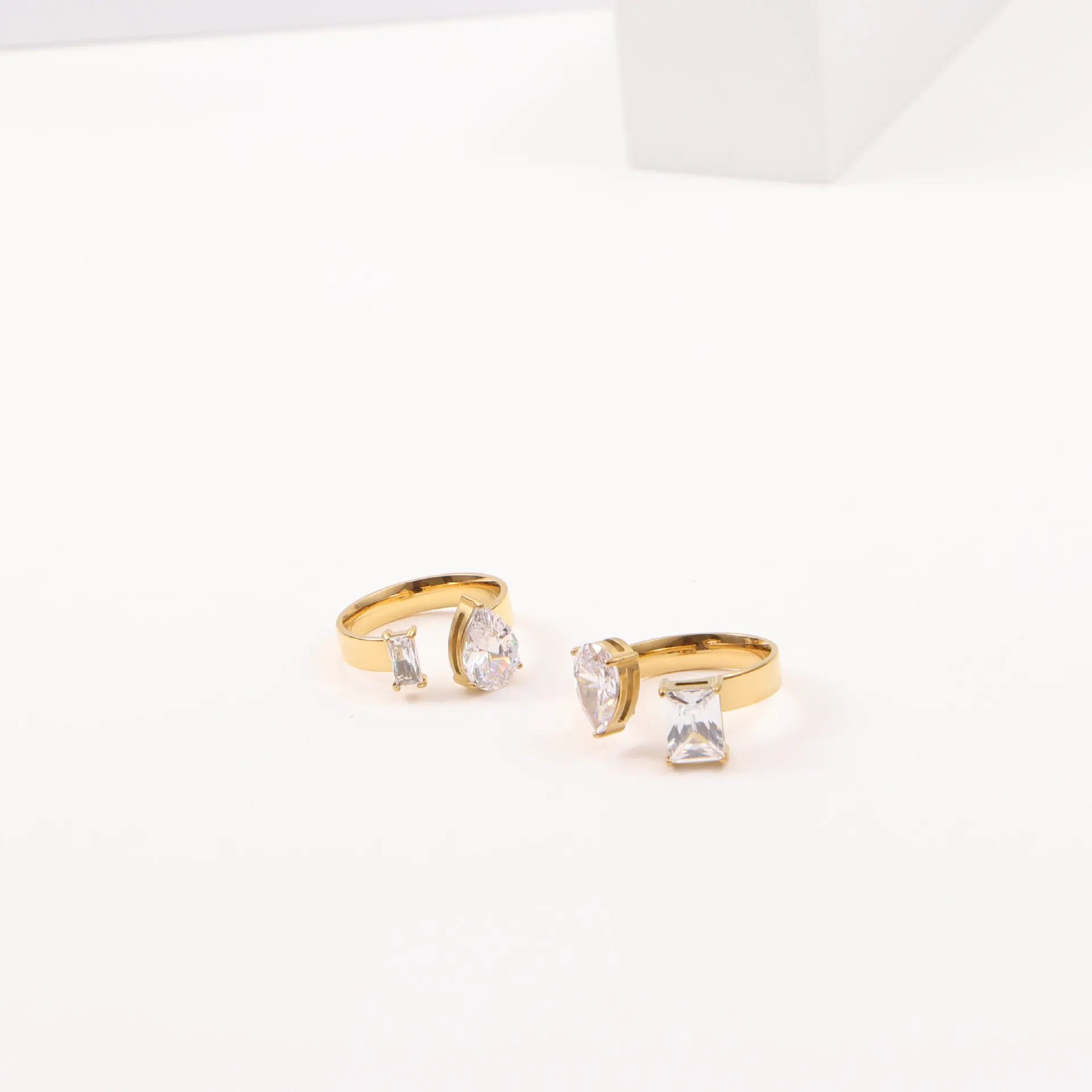 Stone Not Fall 18K PVD Gold Clear Big Cubic CZ Stainless Steel Open Ring Fashion Jewelry