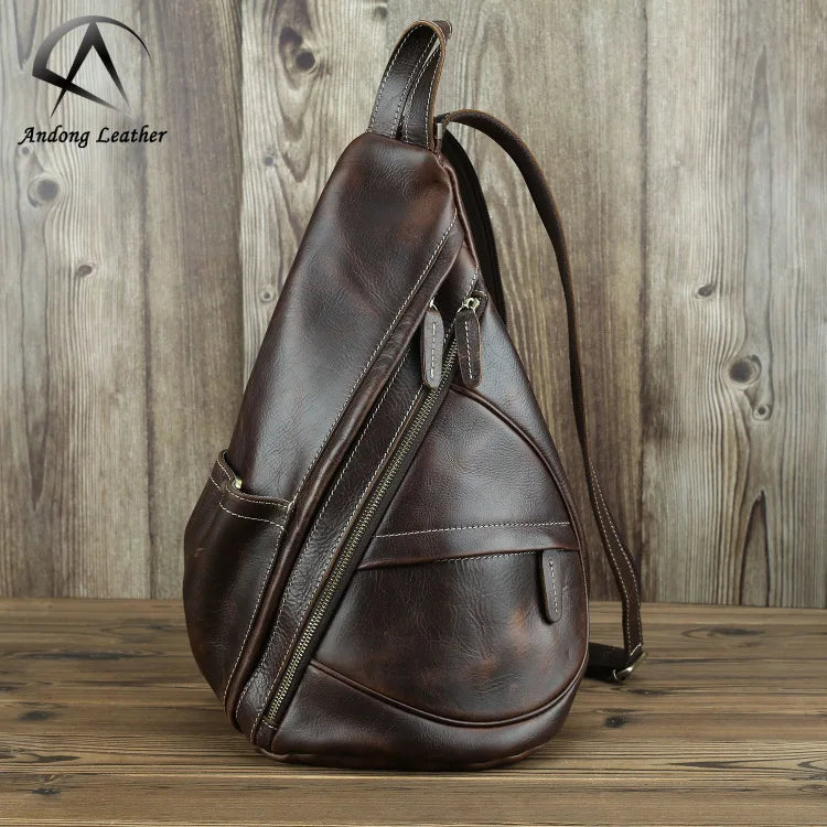Andong Chest Bag for Men Genuine Cow Leather Backpack Business Retro Handbag Large Capacity Cool Outdoor Sling Shoulder Bag