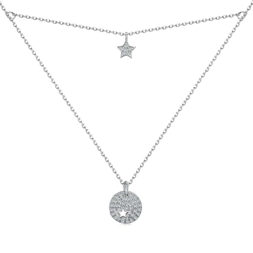 Dylam Simple Design 925 Silver Hallow Out Double Layer Star Pendant Link Chain Necklace
