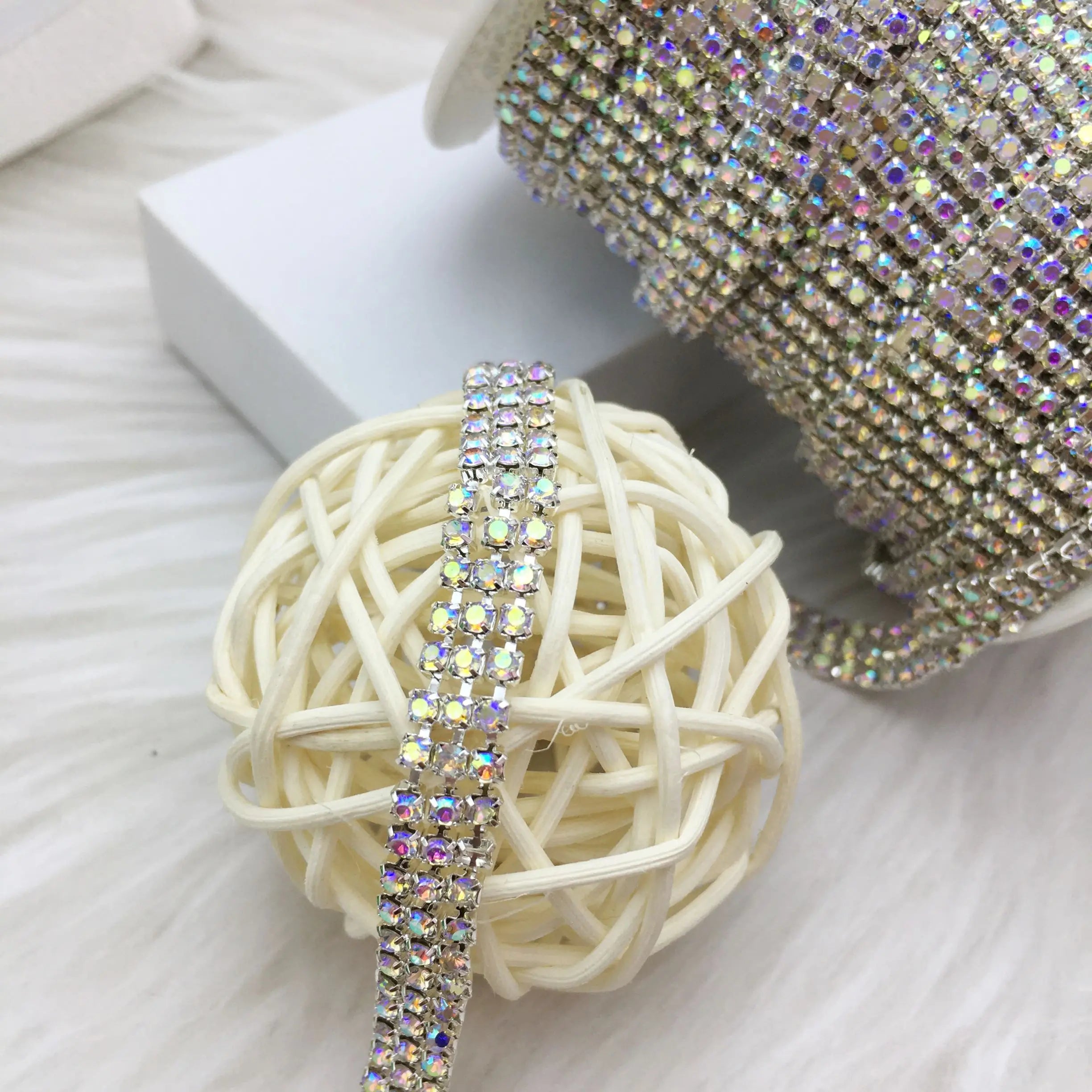 SINRONG SS8 AB Rhinestone Chain Silver Bottom 3 Rows Sew-On Glass Rhinestones for Wedding Dresses Clothes Hats in Various Shapes