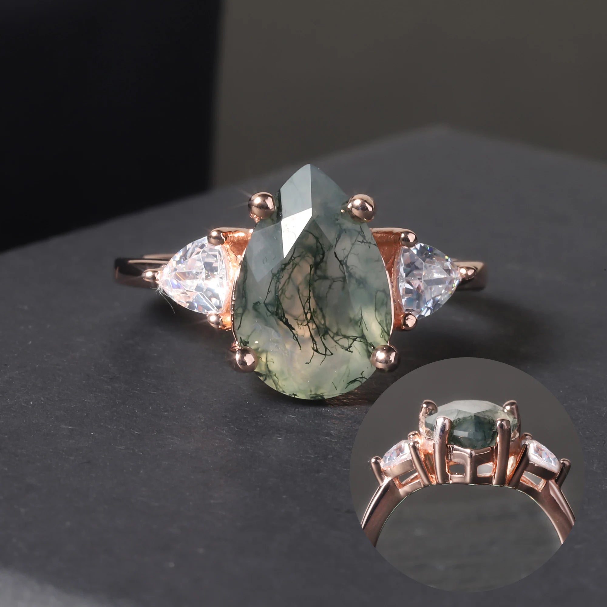 OL0943 Abiding Three Stone Designs Jewellery 925 Sterling Silver Large Gemstone Pear 8x12mm Moss Agate Engagement Ring