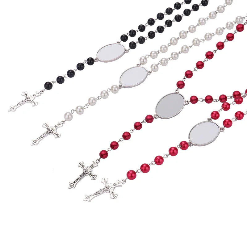 Custom Cheap China Wholesale Picture Cross Women Bead Stainless Steel Black Sublimation Rosary Necklace Jewelry Beads