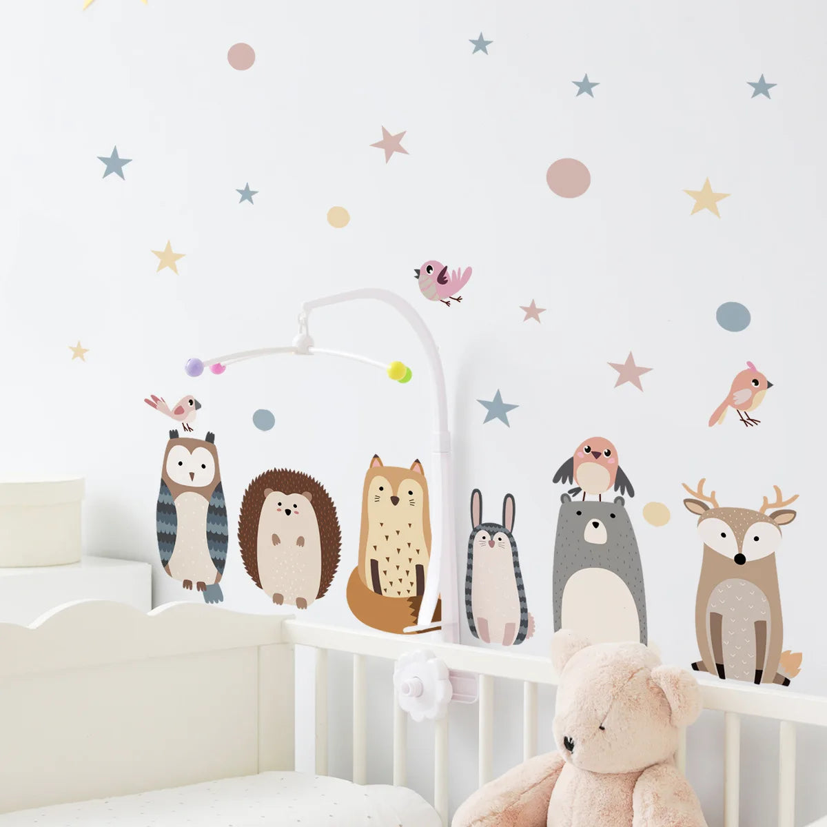 Cartoon Bear Fox Hedgehog Wall Stickers Cute Stars Dots Decals Creative Kid's Bedroom Wallpaper Children's Decorative Murals
