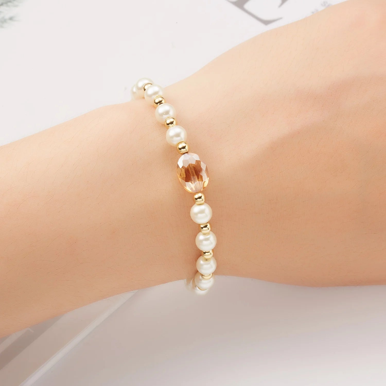 Round Beads Bracelet Rhinestone Bracelets Pearl Bangle for Women Girls