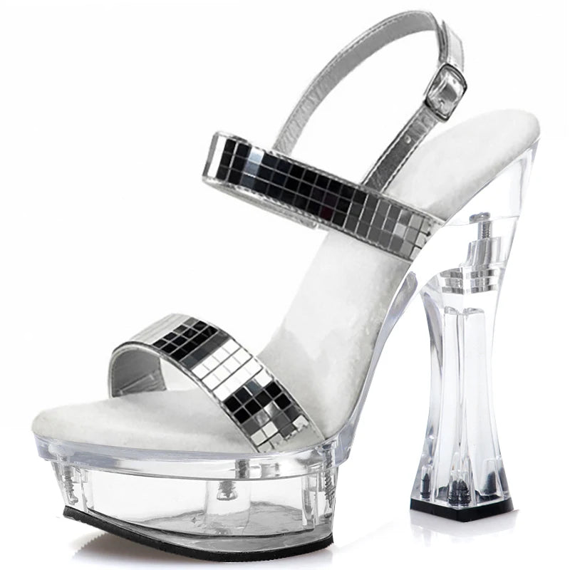 Glitter 14cm Open Toe Strip Catwalk Pole Dance Clear Coarse Heel Platform Slippers Big Size Fashion Exotic Dancer Women Gothic