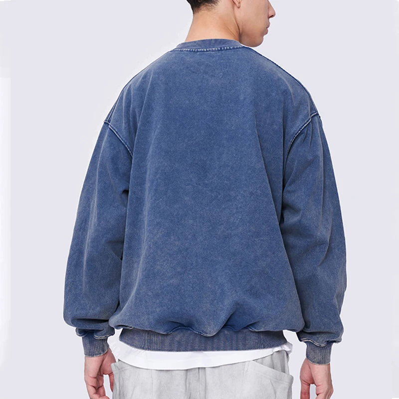 Custom Men Crewneck Sun Faded Pullover Heavyweight Cotton Sweatshirt Acid Wash Vintage Oversize Boxy Cropped Distressed Hoodie