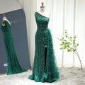 Ruolai ASA-SS30 Modest One-shoulder Heavy Beaded Prom Dress Emerald Green Sleeveless Long Evening Party Dress With Feather