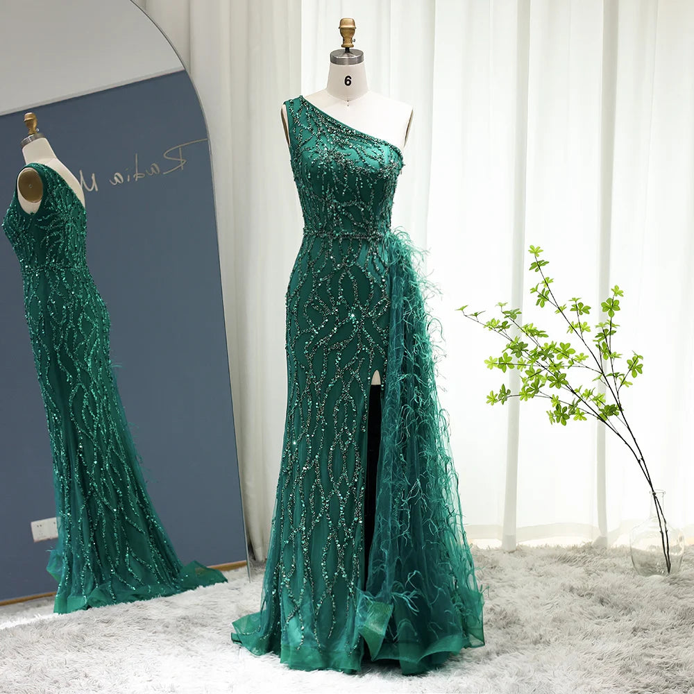 Ruolai ASA-SS30 Modest One-shoulder Heavy Beaded Prom Dress Emerald Green Sleeveless Long Evening Party Dress With Feather