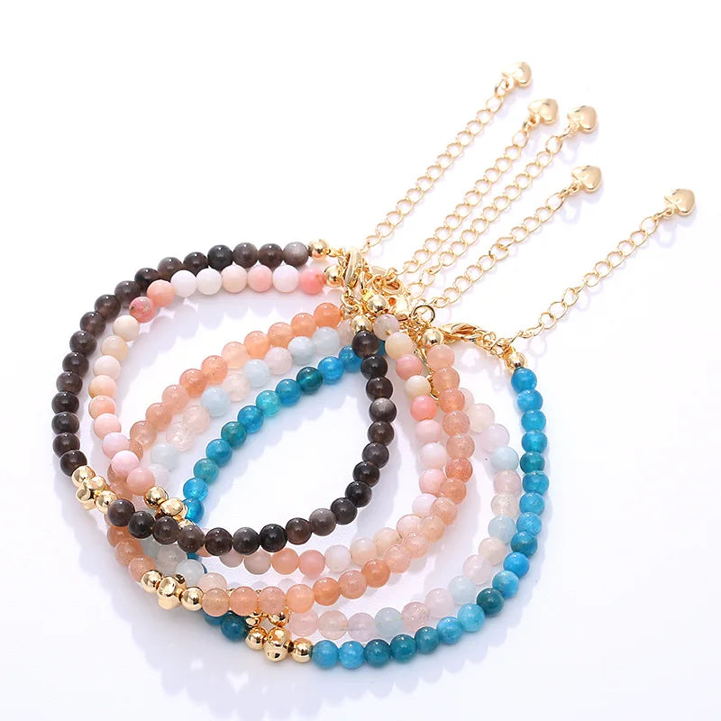 4mm Genuine Natural Stone Beaded Adjustable Gem Stone Healing Crystal Bracelet with Heart Charm for Women Jewelry Gift