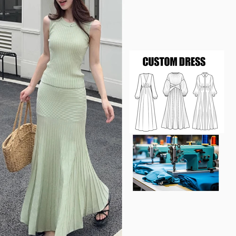 Brand Custom  Elegant Women's Summer Elastic Sleeveless Vest Solid Casual Two-Piece Knitted Set Slim Skinny Fish Tail Skirt