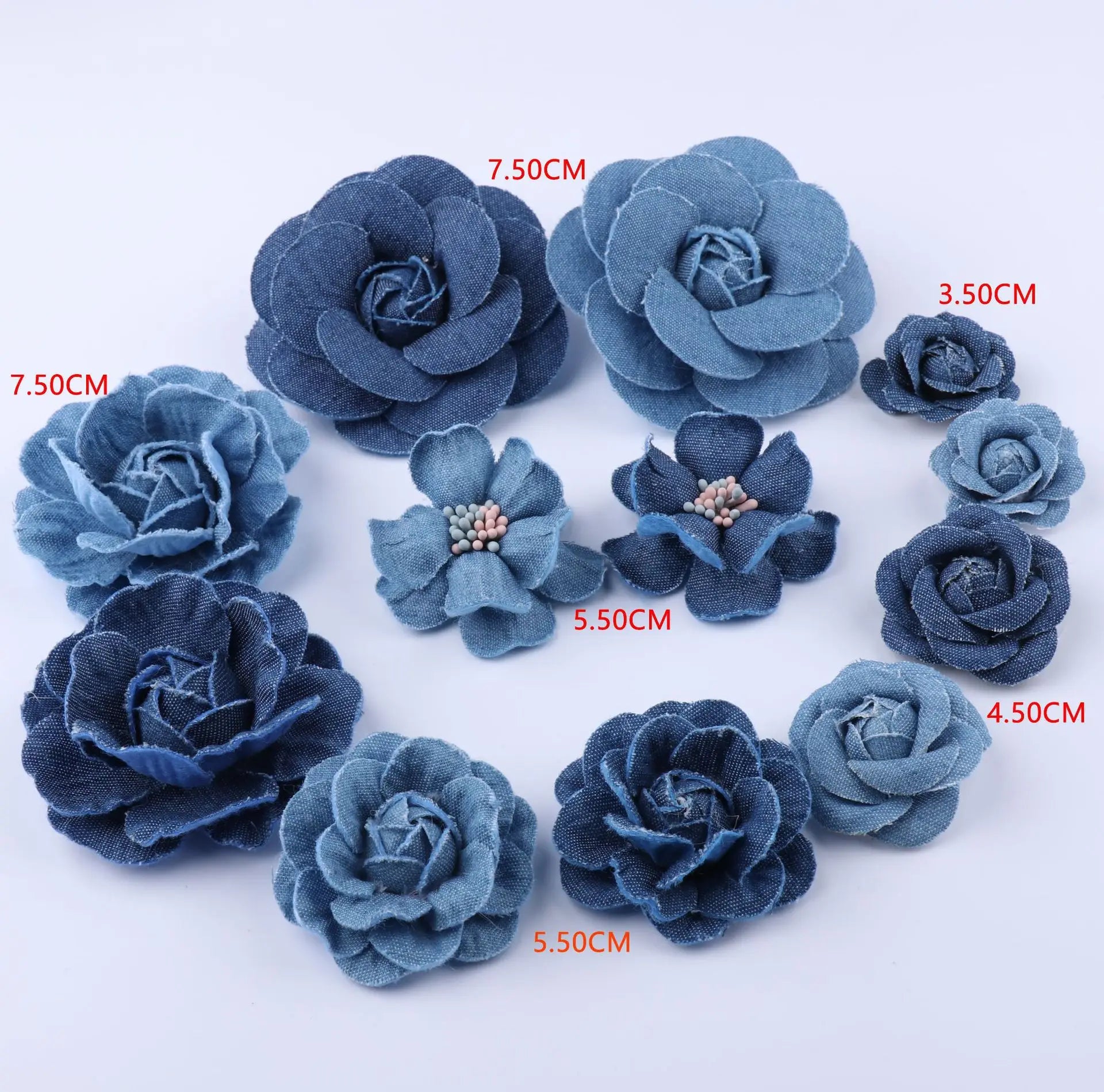 Hot Sale Small Size 3.5cm Denim Fabric Rose Camellia Handmade Flower Accessories for Diy