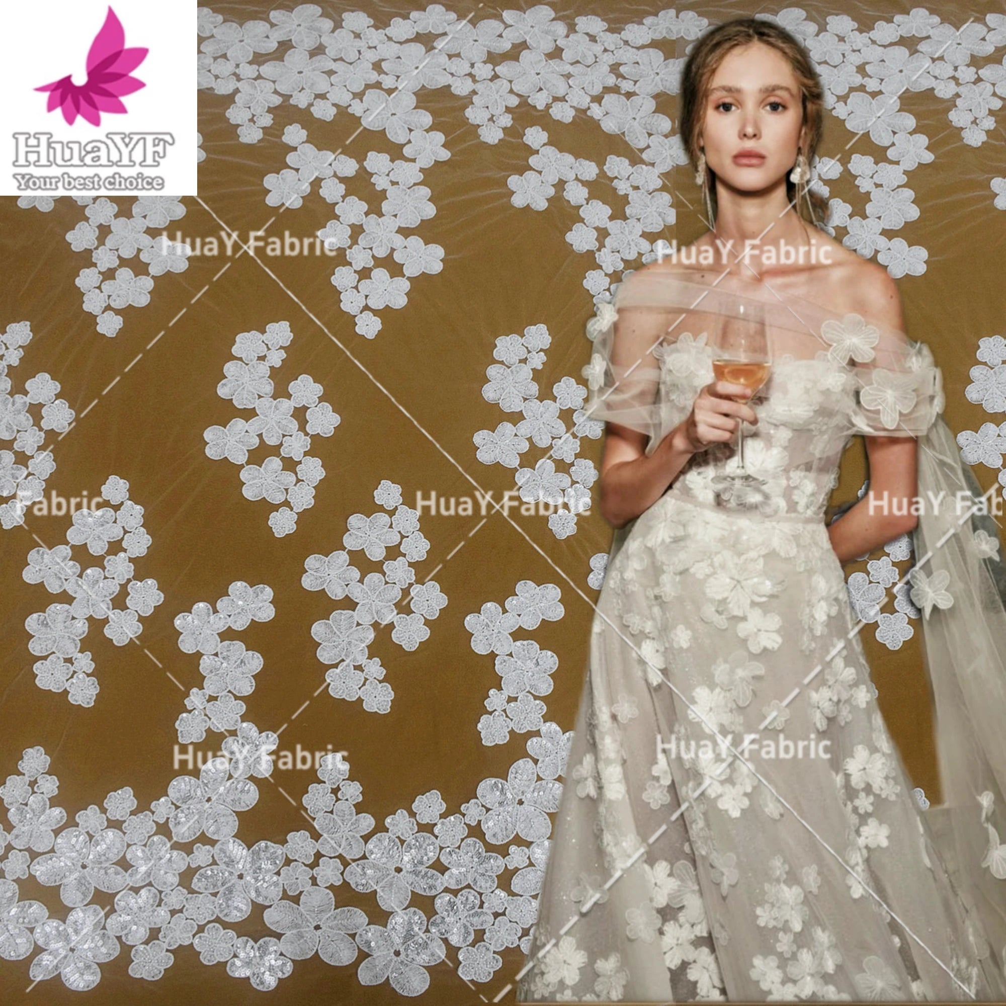 HY2685 Elegant White Embroidered Dress Lace Flowers Sequin Beads Embellished Bridal Gown Fabric Wholesale