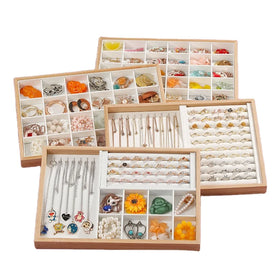New Fashion Design Jewelry Ring Bamboo Frame Display Necklace Bracelet Earrings Ring Solid Wooden White PU Leather Jewelry Tray