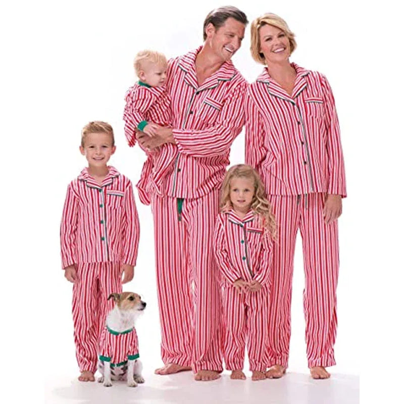 2026 Unisex Soft Striped Button Christmas Pajamas Outfits Long Sleeve Parent-Child Home Wear Turn-Down Collar Fashionable Winter