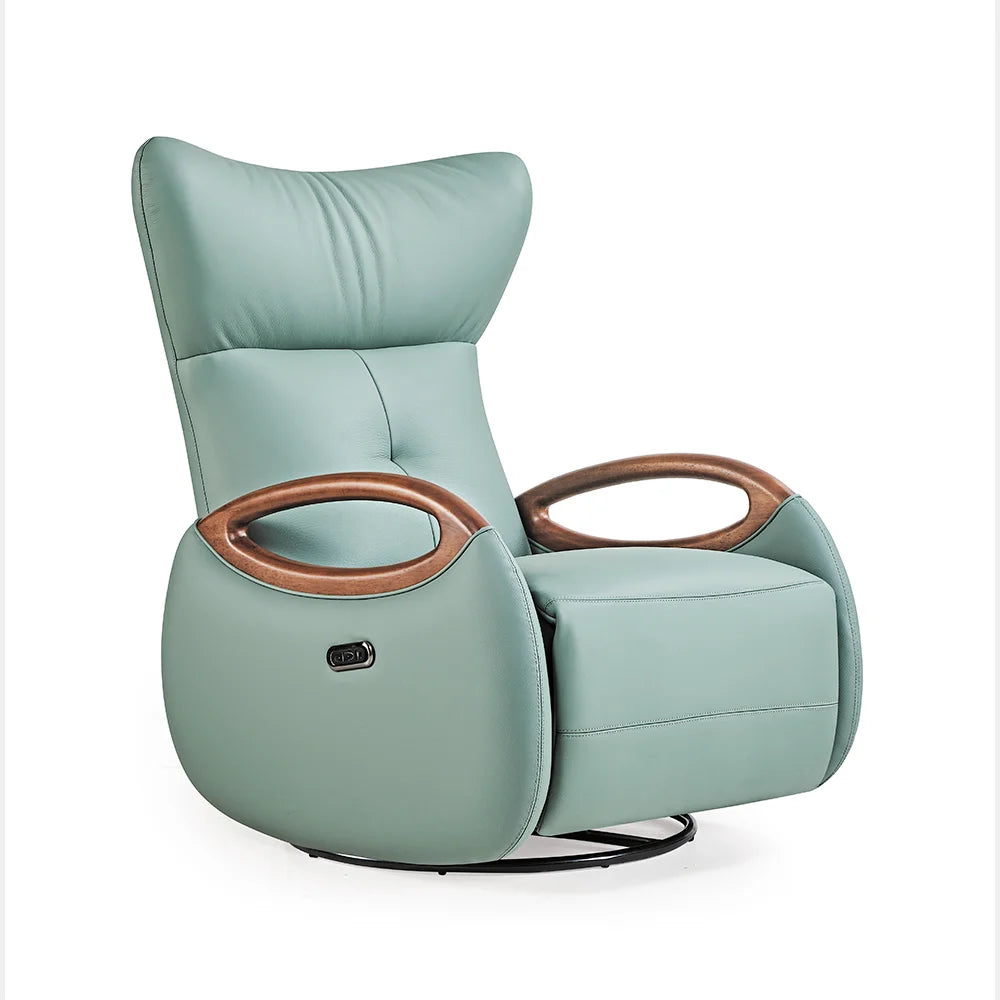 Modern Electric Single Sofa Recliner Chair Genuine Leather Rotary Adjustable Extendable Curved Armrest Swivel Massage Wood