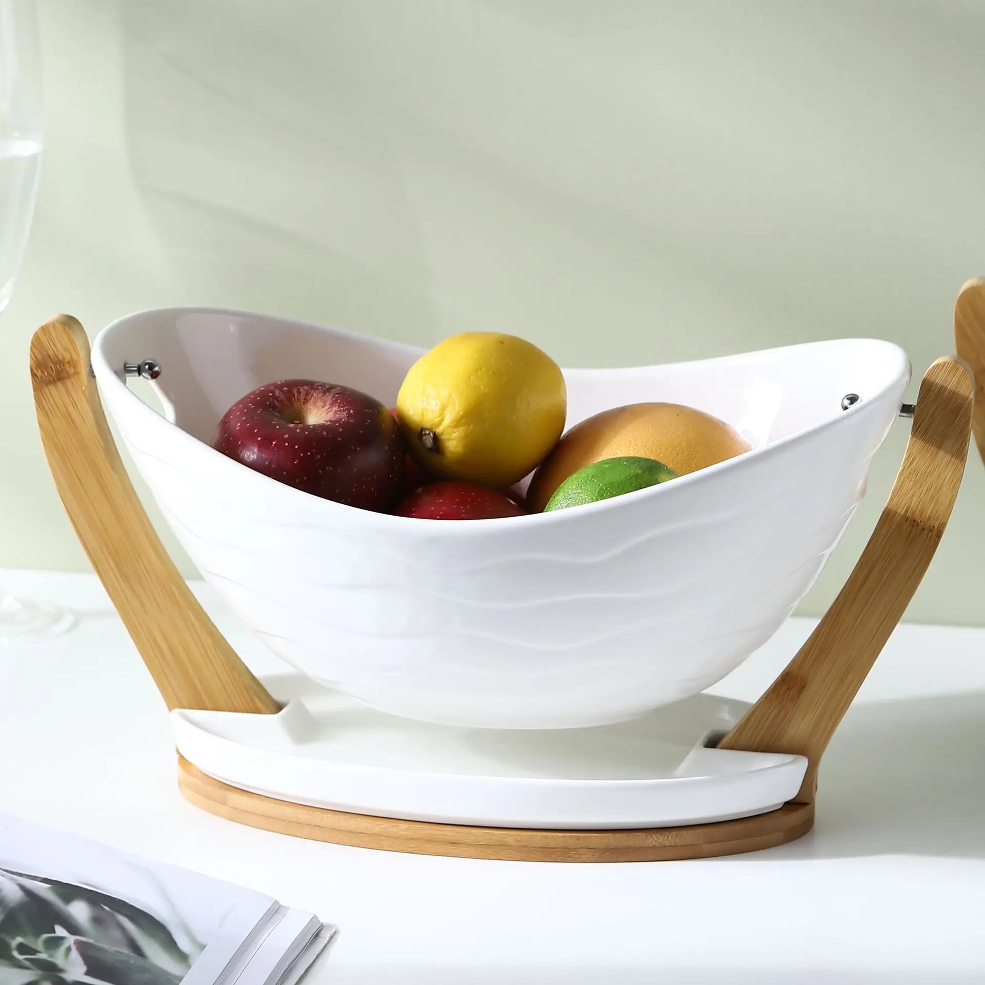 Ready to Ship Marble Gold White Ceramic Fruit Salad Bowl with Bamboo Stand Fast Dispatch for Hotels Kitchen Use Dinnerware Set