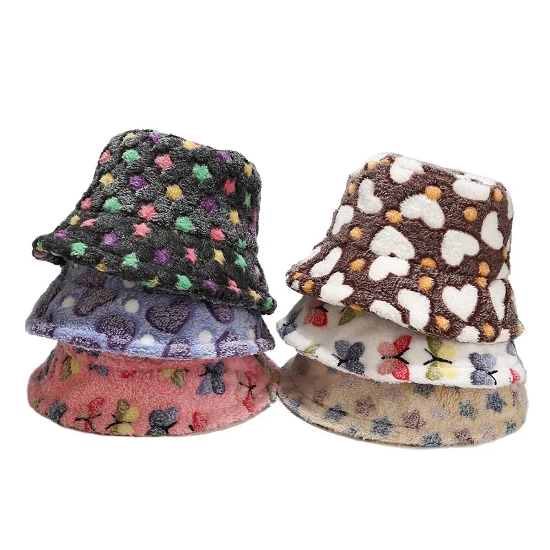 Flower Artificial Fur Warm Cap Faux Fur Winter Sun Daisy Fisherman Women Bucket Hat