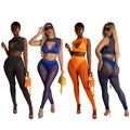 European American Women Two Piece Sheer Mesh Sweat Suit Set Sports Bra High Waist Leggings Sexy Athleisure Outfits
