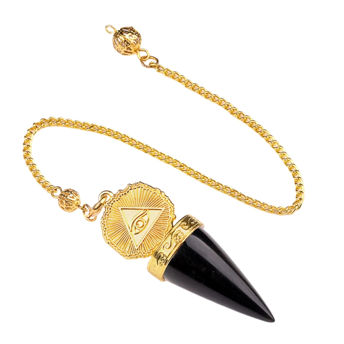 New Gold Retro Pattern Stone Pendulum and Chain Natural Obsidian Crystal Stone for Divination Hypnosis Healing Soul Witchcraft