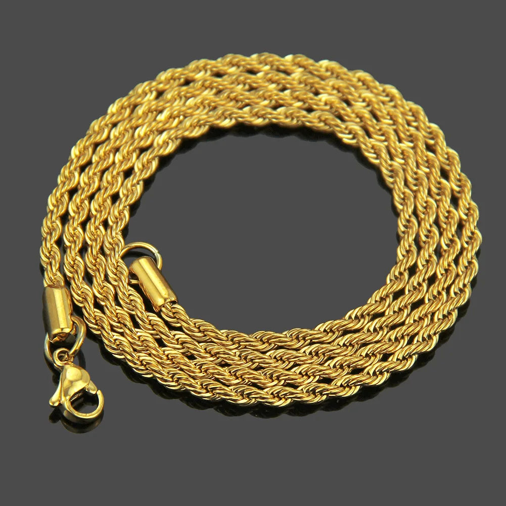Duyizhao 3mm Hip Hop Stainless Steel Rope Chain  Twist Chunky Black Link Chain 10k Filled Gold  Men's Necklace Design Jewelry