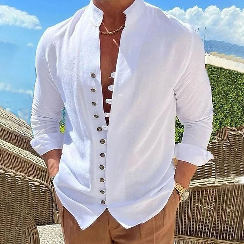 2023 New Vintage Cotton and Linen Shirt Men Casual Loose Long Sleeve Shirt