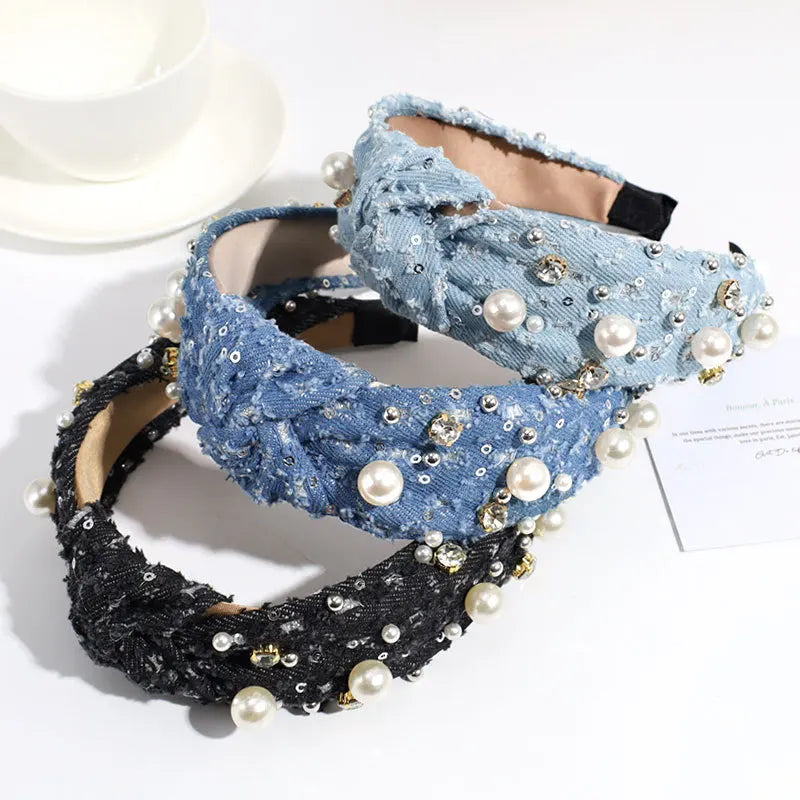 New Arrival Fashion Bow Knot Denim Hiar Band for Women Bling Crystal and Pearls Decorated Denim Headband in Hairbands