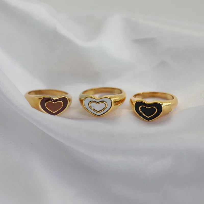High End 18K PVD Gold Plated Double Heart Enamel Rings White Black Brown Stainless Steel Rings for Women