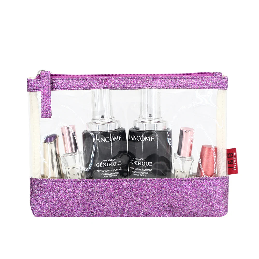 Glitter Frame Makeup Cosmetic Bag with Transparent Window Pouch Clear PVC with PU Frame Beauty Bag for Travel Kit Packaging Logo