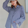 Customized Cotton Striped Print Drop Shoulder Long Sleeve Curved Hem Blue Blouse for Women Casual Style Front Logo for Spring