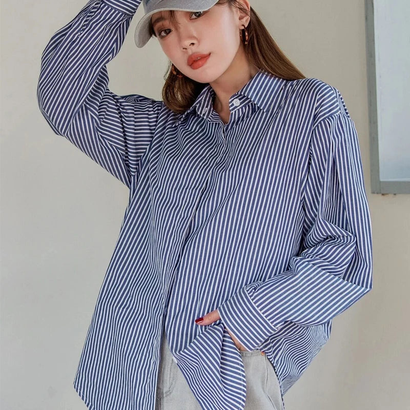 Customized Cotton Striped Print Drop Shoulder Long Sleeve Curved Hem Blue Blouse for Women Casual Style Front Logo for Spring