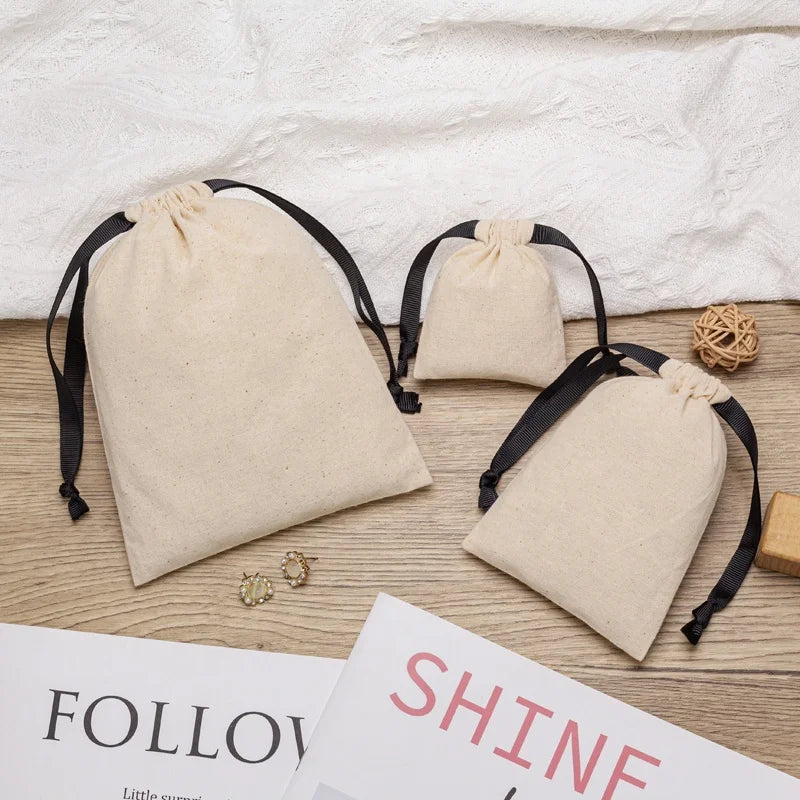 Customized Cotton Drawstring Gift Bags Screen-Printed Canvas Folding Pouch for Crafts with Stickers
