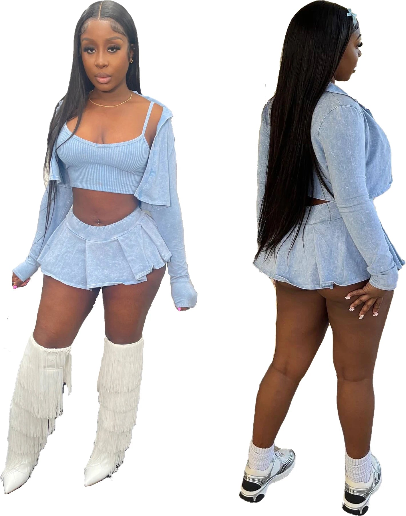 High Street 2024 Ladies Suit Set Wholesale Casual Clothing Pajama Polyester 3 Piece Set Crop Tank and Dress Women Outfits