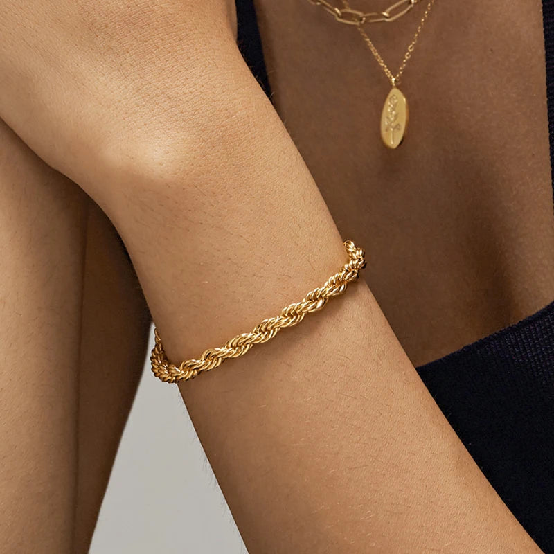 2020 Hot Gold Chunky Stainless Steel Twisted Rose Chain Bracelets for Men Women Hip Hop Chain Jewelry 5mm