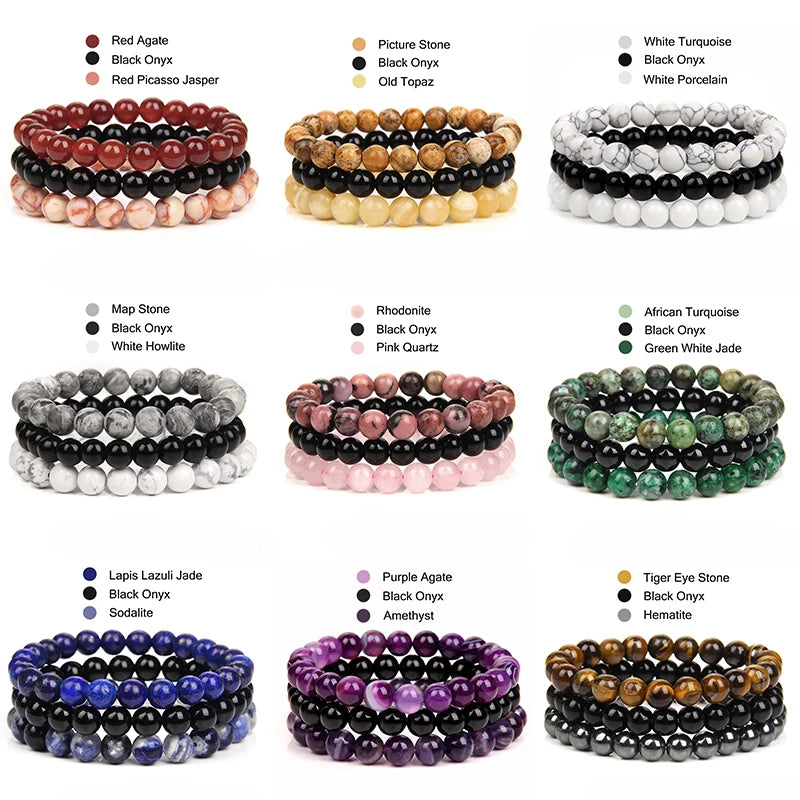 8mm Garnet Natural Stone Bracelet Set 3pcs / Set Rose Quartz Rose Turquoise Hematite Amethyst Bracelet Women's and Men's Jewelry