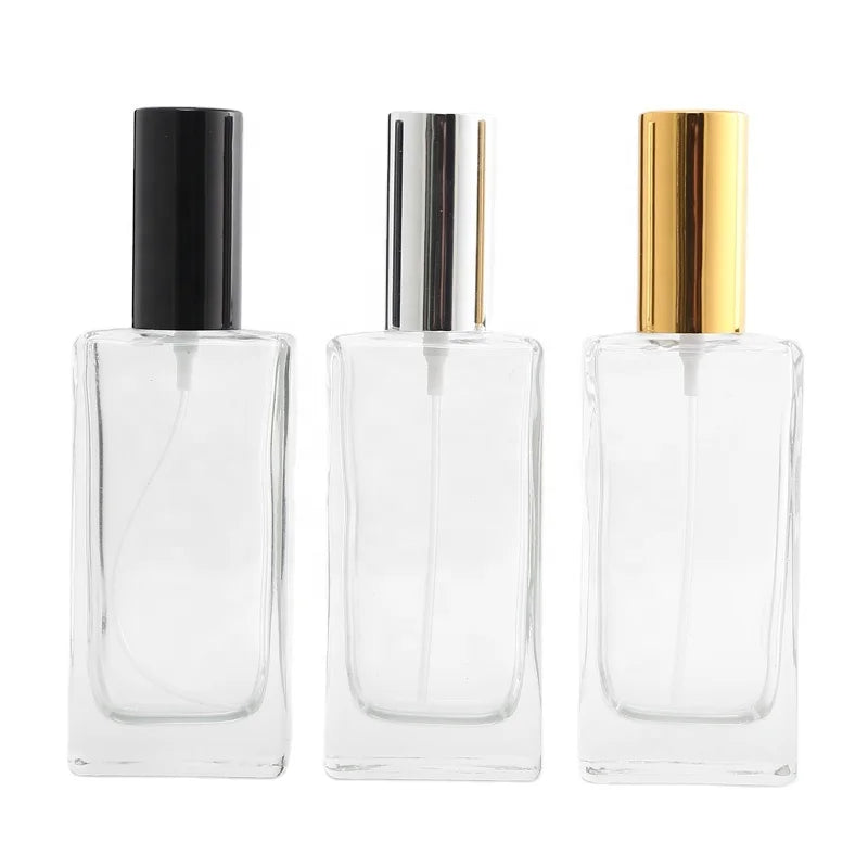 MUB Custom Design Empty 50ml Long  Pump Spray Bottle Perfume Glass Bottle with Aluminum Case