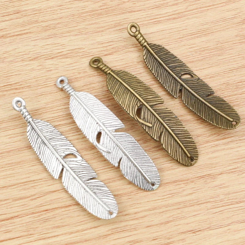 5pcs 57x13mm Antique Silver Color Bronze Feather Style Connector Handmade Charms Pendant:DIY for Bracelet Necklace
