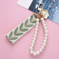 Pearl Ribbon Phone Lanyard Leaf Ribbon Pearl Bracelet Car Key Chain Pendant Earphone Pendant Birthday Party Decoration Gift