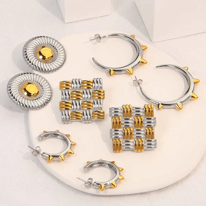 JUSNOVA Bestselling Bold 18K Gold Plated Stainless Steel Two-Tone Stud Earrings for Women Trendy Jewelry Irregular Textured