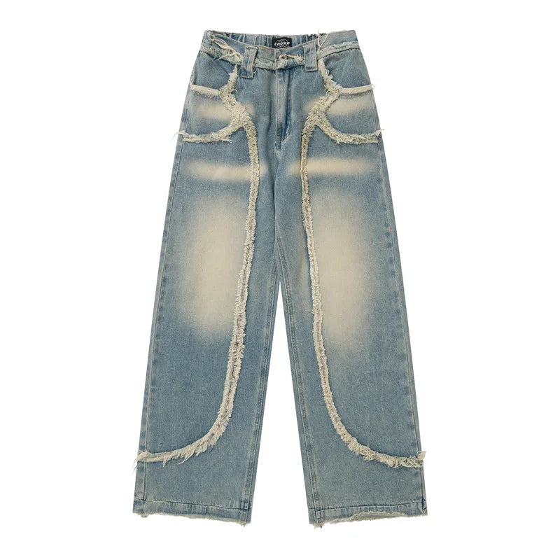 Customized High-Quality Vintage Wash Made Old Raw Edge Jeans Men's and Women's Loose Straight Wide Leg Jeans