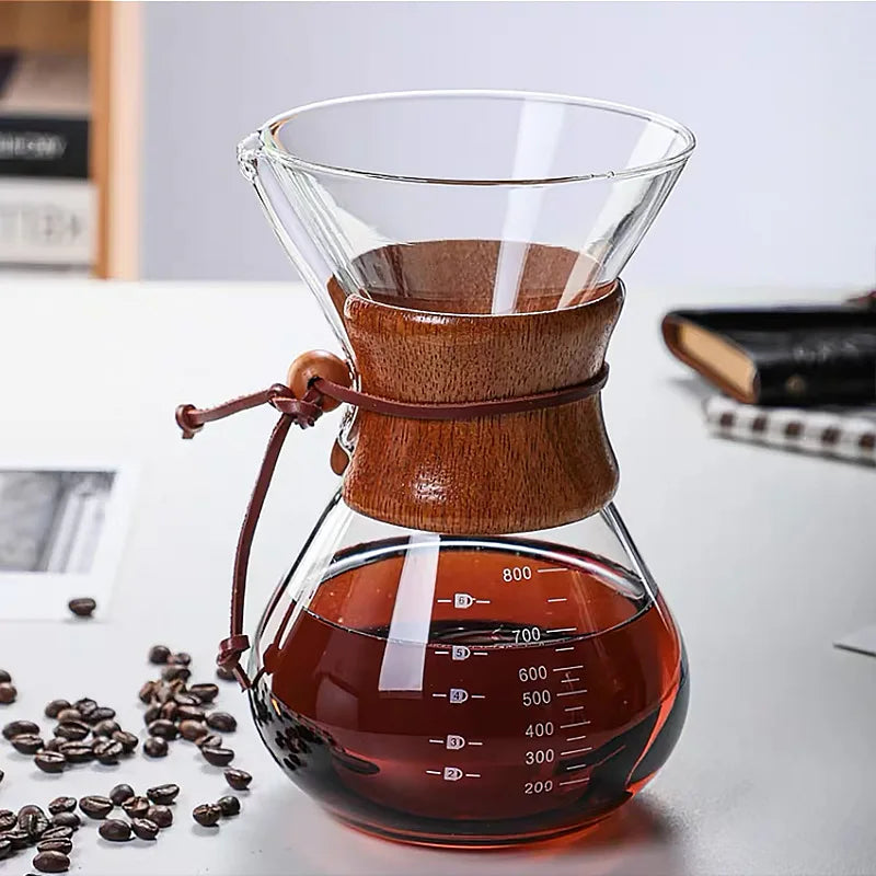 550ml Glass Coffee Filter Pot Maker Wooden Rubber Protective Cover Espresso Coffee Drip Kettle Pot