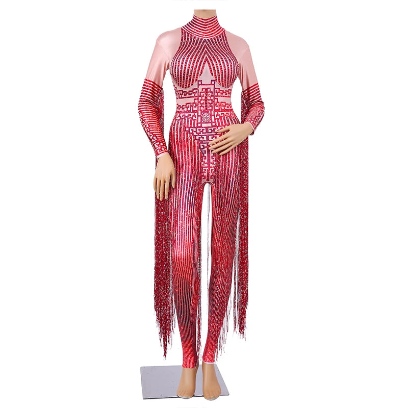 Sexy Red Tassel Rhinestones Bodysuit Women Party Club Jumpsuits Playsuits Performance Stripper Outfits Exotic Pole Dance Wear