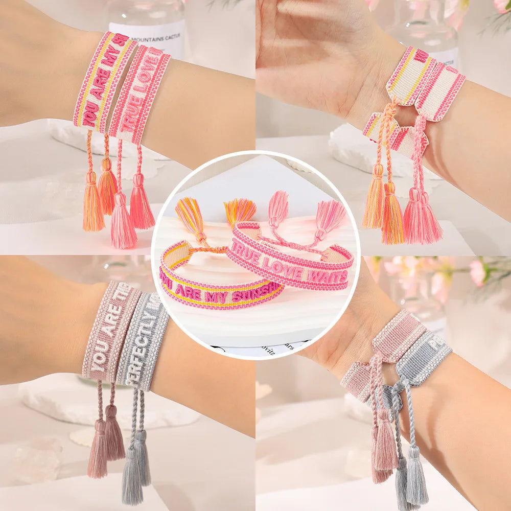 Hot Selling Custom Logo Embroidered Letter Woven Friendship Adjustable Tassel Bracelet