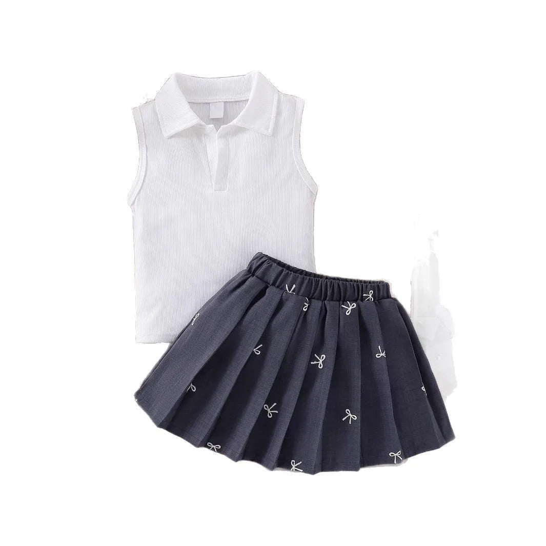 Girl Solid Color Sleeveless V-neck Top Pleated Skirt Suit Two-piece Children Summer Suit