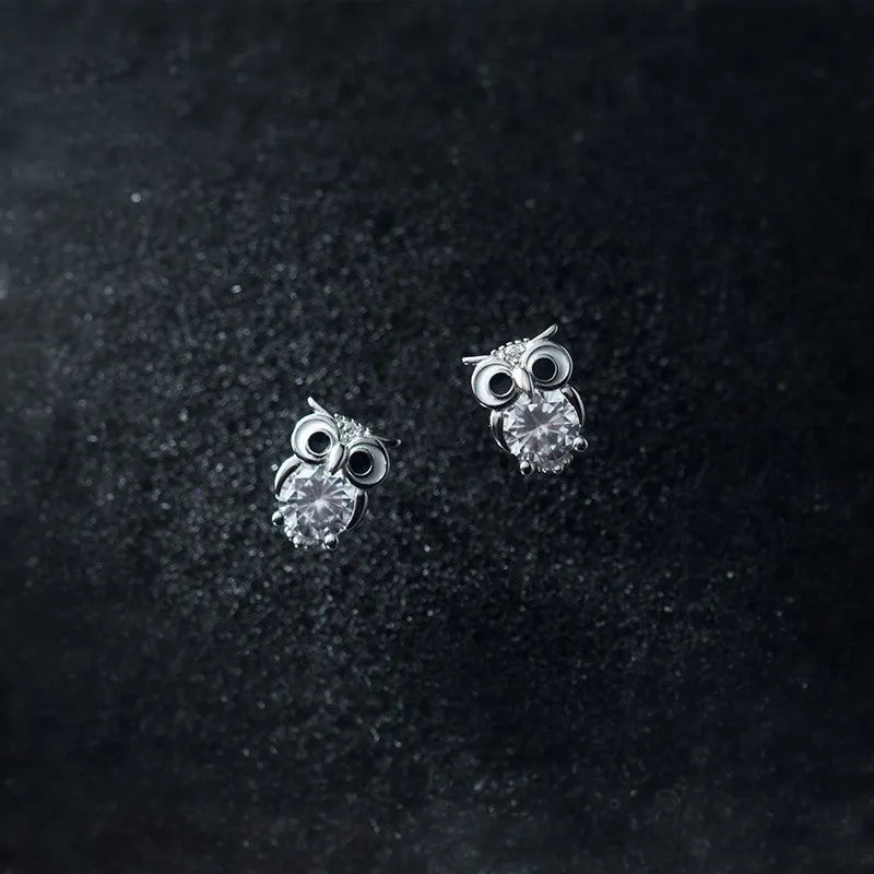 Girls Cute Cubic Zirconia Earings Small Owl Shape 925 Sterling Silver Studs Earrings Fashion Jewelry for Women