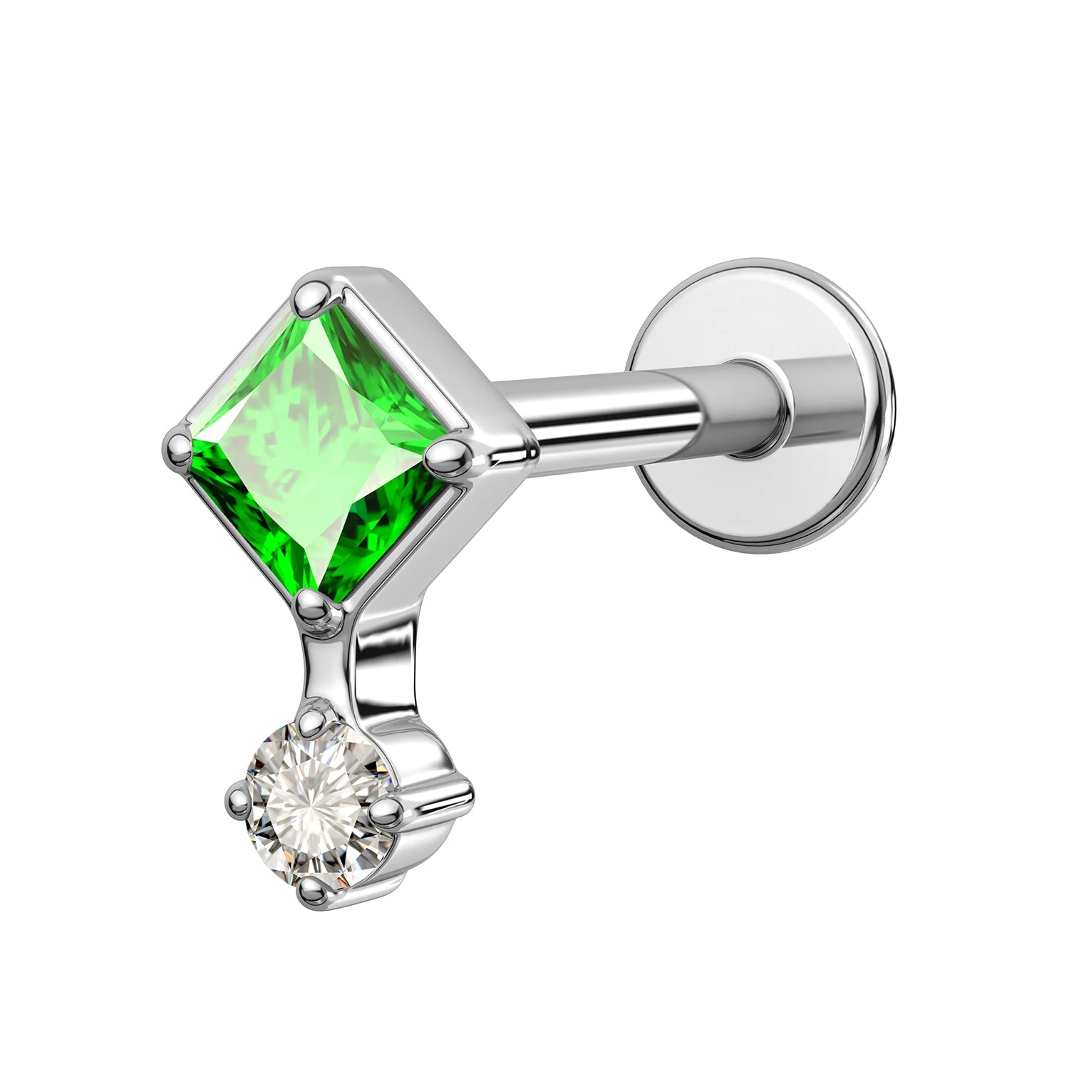 TOPOSH 16G G23 Titanium Internally Threaded Labret with a Princess Cut Green Emerald CZ and Clear Crystal Dangle Top Jewelry
